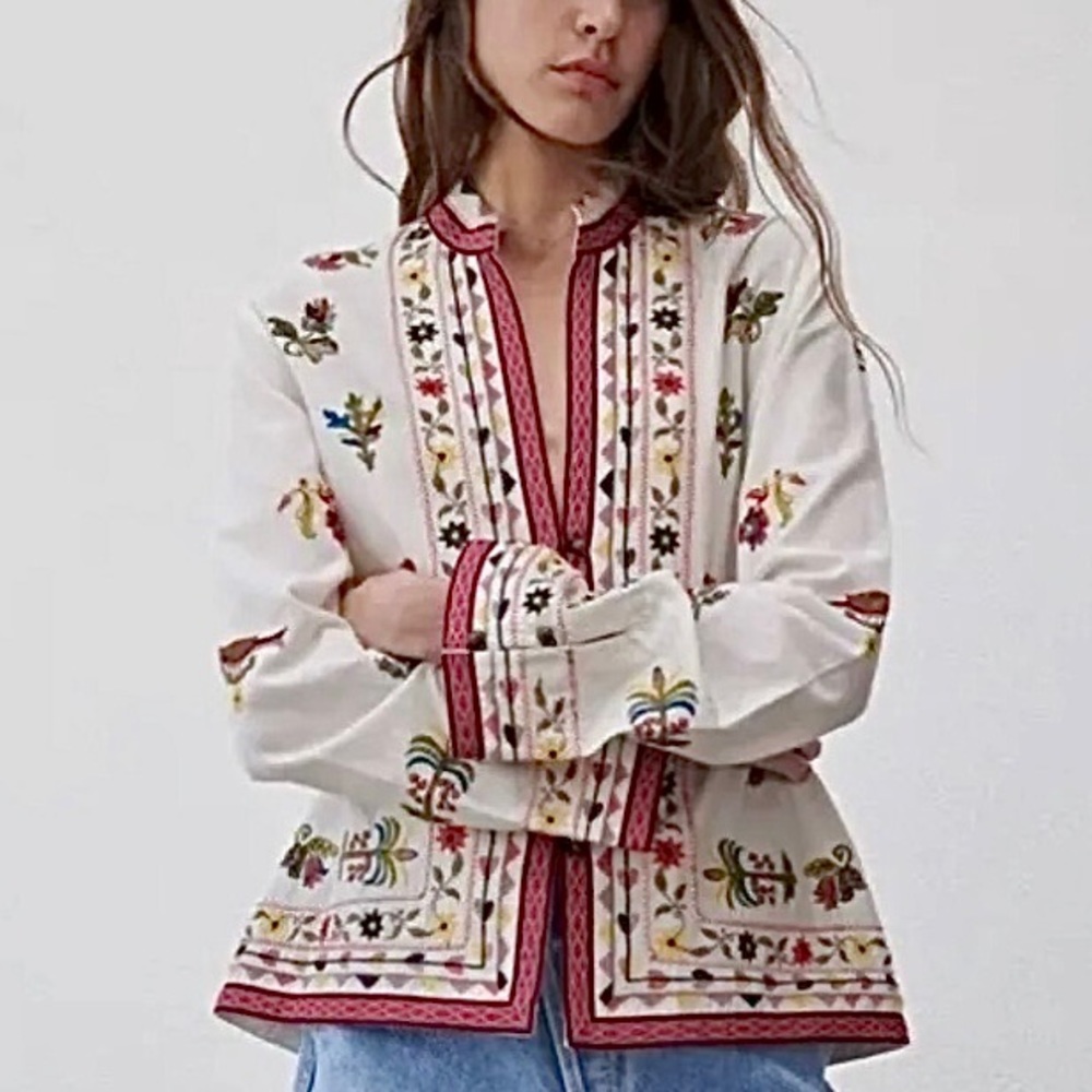 Zara Embroidered Linen Blend Floral Bird Jacket Shirt - Picture 3 of 17